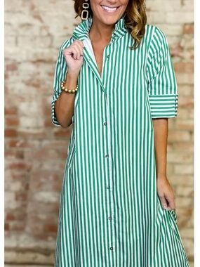 entro Green and White Striped Midi Shirt Dress